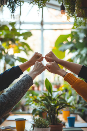 A photo of hands from four people, in an office setting on the table, all with their fists up and making a team sign for victory. The room is well-lit, and the atmosphere is positive. There are green plants around, and the walls are white. They are wearing casual , and the colors of each person's can be seen. The focus should be on one woman wearing black heels standing between two other women who have dark hair. The overall vibe will feel like a close-up shot of them working together as part of a creative group. --ar 2:3 --v 6.1 Job ID: 4a9c509e-65be-48d3-84bd-730071e437a9の素材