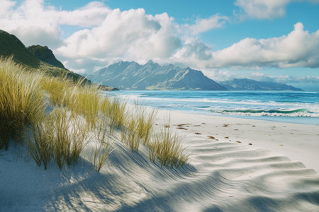 A photo of a sandy beach with dunes and tall grass, waves crashing on the shore, mountains in the background, a blue sky with white clouds - a coastal scene in New Zealand, captured in a wide-angle shot with a Hasselblad X2D camera. The image features hyper-realistic skin details and natural features. --ar 3:2 --v 6.1 Job ID: 9cb5e660-88d9-4d49-96d9-5740cbbef1f8の素材
