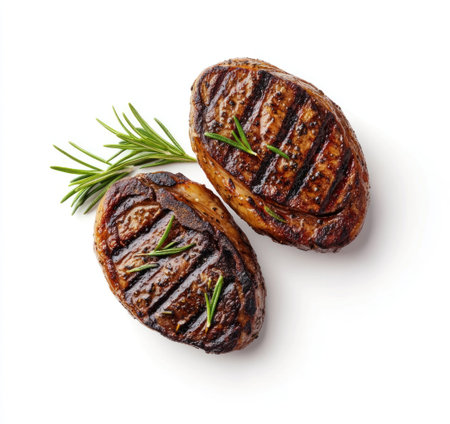 A photograph of two grilled steaks with rosemary, on a white background, top view, high-resolution photography, insanely detailed and intricate, in the style of Sony A7 IV with cinematic lighting. --ar 16:15 --v 6.1 Job ID: 8c009db1-8cb6-4e11-ab01-ed144805c45cの素材