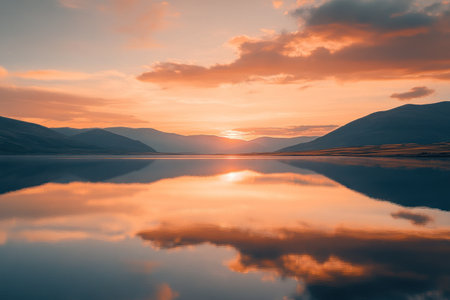 A photorealistic image of the mountains reflecting in an expansive lake at sunset, with warm hues and soft lighting, captured in the style of Sony Alpha A7 III camera with Zeiss Batis lens. The sky is painted with orange clouds, creating a serene atmosphere, while distant hills add depth to the scene. High-resolution photography style, emphasizing tranquility and natural beauty. --ar 3:2 --v 6.1 Job ID: 1c022469-c0de-4106-91c1-60248554f5c4の素材