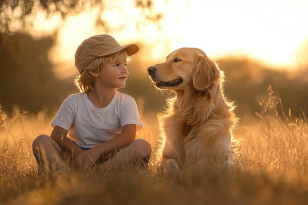A young boy and his golden retriever playing in a field, the boy wearing a hat and a white t-shirt, the dog sitting next to him. The scene is cute, with warm colors and the soft light of a sunset. The image has a photorealistic quality. --ar 3:2 --v 6.1 Job ID: 6e0b2f2d-9dcf-44ad-a574-4d56ebe8648aの素材