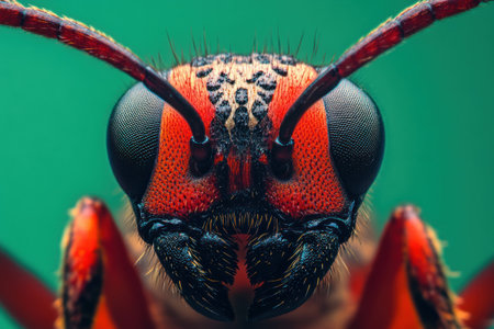 Extreme macro photography of an ant, with a green background and vibrant red and black colors. The image is sharply focused on the ant's eyes, captured using a macro lens in the style of National Geographic. --ar 3:2 --v 6.1 Job ID: 7a9fcaf4-5c89-455f-8661-06e14eed1ccfの素材