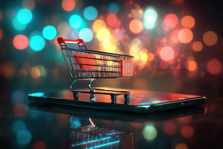Digital illustration of an online shopping cart on top of a mobile phone, surrounded by glowing light effects and a blurred background. The scene is set against a dark backdrop with bokeh lights to create depth in the composition. This concept symbolizes e-commerce marketing and advertising. The digital art style focuses on vibrant colors and dynamic lighting for visual appeal. --ar 3:2 --v 6.1 Job ID: ea6de27c-6657-4b78-a60a-ddb7fb412d08の素材