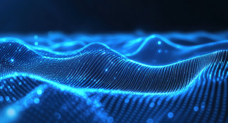 Abstract blue digital background with glowing lines and dots forming a landscape, a technology concept for banner design, web presentation, or business concepts. Vector illustration of futuristic grid waves on a dark backdrop. High-quality vector illustration. Big data connection. Vector illustration, wide-angle lens, high resolution, good sharpness, and clear colors. --ar 28:15 --v 6.1 Job ID: 1548162a-6aca-48f9-8f3b-c9efad72539fの素材