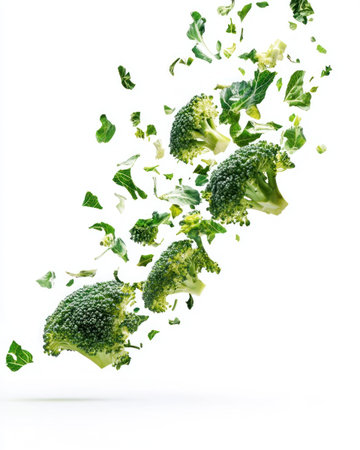 Falling broccoli isolated on a white background, PNG file for cut-out elements, cut-out elements, cut-set elements, cut-set elements, cut-set elements, flying pieces of green vegetables, cut-out element for cut-up pieces, cut-in-half broccoli with falling leaves, cut elements, cut parts --ar 4:5 --v 6.1 Job ID: 3635883f-92e3-49f4-8ed7-fe49746bd626の素材