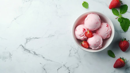 Effortless and delicious, strawberry ice cream in an elegant bowl with mint leaves on the side against a clean white marble background for contrast. The creamy texture of each scoop is accentuated by soft light that highlights its vibrant pink color, while fresh strawberries add splashes of red to enhance the appeal. A minimalist composition evokes a sense of freshness and timelessness, making it suitable as an advertising banner or promotional material. --ar 53:30 --v 6.1 Job ID: 33b5725d-8379-4da0-98d9-142246eee698の素材