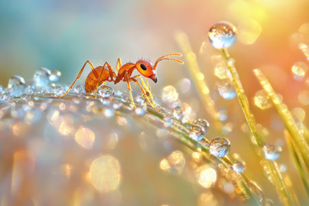 In nature, an ant perched on the edge of dew-kissed grass blades is captured in close-up with macro photography. The ant's small body and long legs contrast against its brown exoskeleton, which reflects the sunlight. Water droplets glisten like diamonds around it, as if adding extra shine to every detail. This high-quality photograph captures the intricate details of each drop and raindrop, creating a stunning visual effect that makes you feel right there among them. This technique is known as focus stacking. --ar 3:2 --v 6.1 Job ID: c2c4b353-c993-4a48-a30d-f5ff45a15f8eの素材