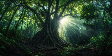 In the dense forest, there is an ancient banyan tree with thick roots and lush green leaves. The sunlight shines through the branches of other trees onto it, creating a strong contrast between light and dark. This photo was taken using a Canon EOS R5 camera with a high-resolution, ultra-wide-angle lens to capture the details. It creates stunning visual effects in the natural scenery. In some parts of the tree trunk, slender vines have wrapped around its trunk, adding mystery to this scene. --ar 2:1 --v 6.1 Job ID: 478fb4ed-4e7d-4910-b232-e9c21feea0acの素材