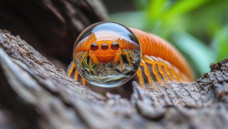 In the foreground is an orange centipede seen through a glass lens on its back, which reflects three brown dots and six legs in high definition. The background features rough wood bark with some green grass. --ar 53:30 --v 6.1 Job ID: a0fb8239-fda1-4c6b-918c-e2f309ac36caの素材