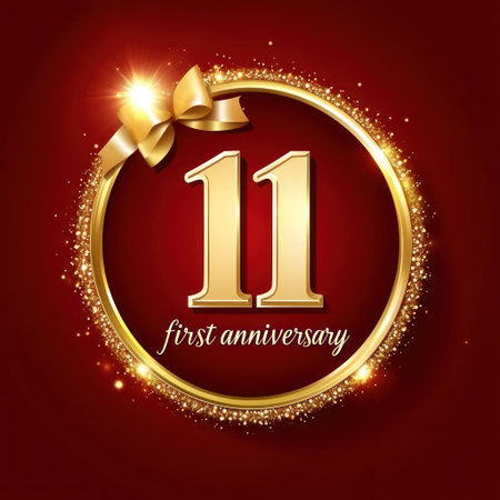 Logo design with the words " first anniversary", golden ribbon decoration, red background, simple style. The number one in gold is located on top of an oval circle and shines brightly. It has a festive atmosphere. There should be no text or letters below it. This is for high-definition printing, vector graphics, vector illustrations, and graphic design.,,in --v 6.1 Job ID: bbe013ba-0085-49e9-9aec-1165298238b6の素材