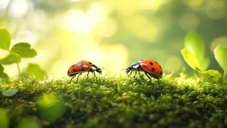Two ladybugs, one big and the other small, walking on moss in nature with sunlight filtering through the leaves. The background is blurred to emphasize them, creating an atmosphere of tranquility and harmony between these tiny creatures. --ar 53:30 --v 6.1 Job ID: c8e0abc7-036a-4d0a-9ed8-13908d1480eaの素材