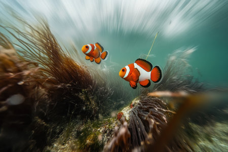 Two clownfish swim among anemones on the ocean floor, their orange and white bodies contrasting with the dark brown sea plants. The camera captures them from above as they playfully jump between the anemones, creating a lively scene of underwater life with a softly blurred background that enhances the sense of depth and tranquility of the moment. --ar 3:2 --v 6.1 Job ID: 4ccd7880-0557-4f79-9453-b2aec19dd57eの素材