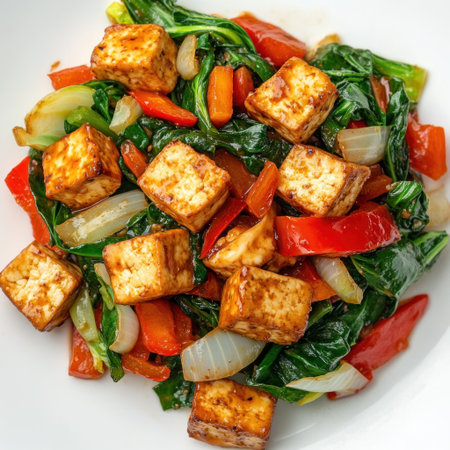 Tofu in bok choy, baby spinach and red bell pepper with white onion sautÃ©ed with hoBooksalladocover photograph on the side of plate, top view, no shadows, white background, no text or letters, high resolution, high quality, 30 degree angle, food photography, vibrant colors, bright lighting, high detail, high contrast, sharp focus, hyper-realistic, studio lighting, professional photo shoot, 5d mark iv camera, f/2 lens, 85mm focal length, 40 megapixels --v 6.1 Job ID: 6012fef9-a6fa-4fd3-a946-8c18f3a07a67の素材