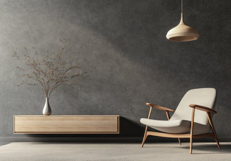 Modern interior design, gray wall background with carpeted flooring, minimalist chair and coffee table, decorative tree branch in a vase on a sideboard, pendant light hanging from the ceiling, minimalist home decor, interior photography, high resolution, hyperrealistic. --ar 43:30 --v 6.1 Job ID: c098cdf1-e7bd-40c3-8de9-abc3fe4bfe78の素材