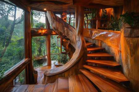 Interior of a treehouse, with a wooden staircase leading to the second floor. The second floor has glass windows overlooking the rainforest, showcasing the rustic architecture and interior design. The walls and ceiling are made of wood, featuring organic shapes and a curved wooden spiral staircase. Plants adorn the walls, adding a touch of nature to the space. --ar 3:2 --v 6.1 Job ID: c82f7e68-449c-478c-b9a7-85eb3f41fc73の素材