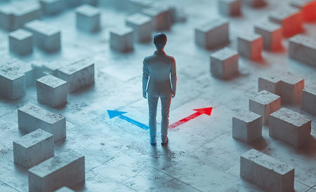 3D isometric figure of a person standing at a crossroads, with a blue arrow pointing left and red arrows pointing right, against a white background with no shadows. --ar 49:30 --stylize 750 --v 6.1 Job ID: 942898aa-c992-4236-ad2c-bd80f7c777eaの素材