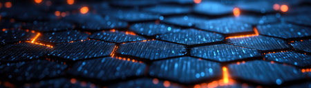 3D render, abstract futuristic background with blue glowing hexagons on a black carbon fiber textured surface. --ar 53:15 --stylize 750 --v 6.1 Job ID: 0139e846-1b07-4d95-961f-171e043d04b7の素材