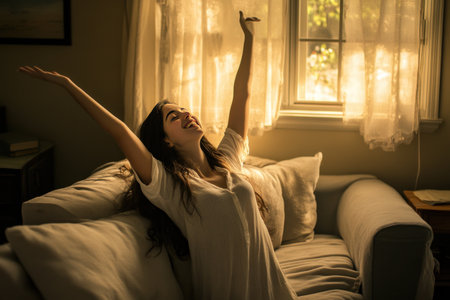 Young woman stretching on a sofa in the living room, enjoying a comfortable home environment with her arms raised up. This image was the winner of a stock photo contest at Stockphoto, a high-definition photography platform. --ar 3:2 --v 6.1 Job ID: 5d0f2728-e14e-4002-80d2-a5169f6472d0の素材