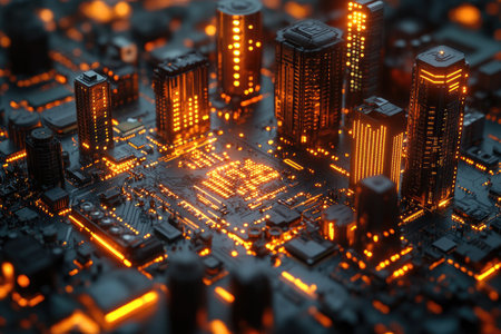 3D render of a cyberpunk city, highly detailed circuit board, orange and blue gradient lighting, close-up. --ar 3:2 --stylize 750 --v 6.1 Job ID: b2c7c328-aebd-4ce8-8ef7-584f29f94434の素材