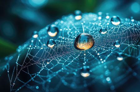 A photo of dew drops on spider webs, with a teal background. --ar 23:15 --stylize 750 --v 6.1 Job ID: c12369ec-b23b-4a51-957d-9cf1b81cf57eの素材