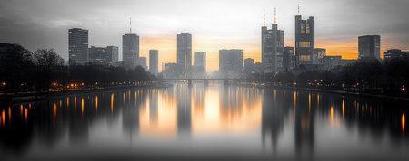 A panoramic view of the skyline reflecting in the river, black and white photography with subtle hints of color. In front, the Frankampledamn Tower at night, a wide-angle skyline of the city, in the style of Heistbintz. The city is in light grey tones, with black and white photography and subtle accents of gold and red. --ar 38:15 --stylize 750 --v 6.1 Job ID: 3507d769-a93d-48ec-a19a-1691a9b1eea7の素材