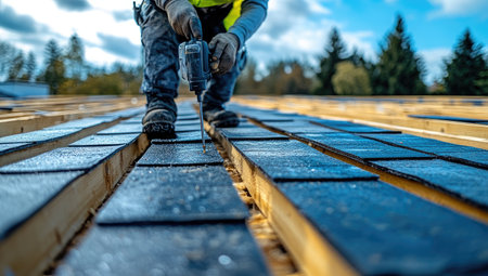 A person in a high-visibility vest working on a roof with a nail gun, showing a close-up of the person's hand holding nails and aiming at a shingle for a roofer's advertisement. --ar 53:30 --stylize 750 --v 6.1 Job ID: 7cea0d8a-dcb7-4d9e-8df0-8021e4eda32bの素材