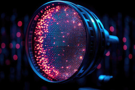 A photograph of a microphone with a pop filter on a black background, with neon pink and blue colors, in a minimalistic design, high-resolution photography. --ar 3:2 --stylize 750 --v 6.1 Job ID: e63b2211-b285-408c-b280-2e131e27c8edの素材