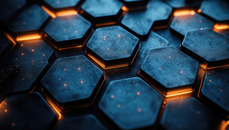 A black background with blue glowing hexagons, creating an abstract and futuristic pattern for tech-themed designs. The honeycomb-inspired arrangement adds depth to the composition while maintaining modernity through its use of light. This design is suitable as a wallpaper or backdrop in digital marketing materials that focus on technology, innovation, data visualization, social media advertising, web development, app services, virtual reality experiences, gaming, e-commerce, or mobile services. --ar 53:30 --stylize 750 --v 6.1 Job ID: 5e96c75c-fbeb-410f-850d-889815b0f09cの素材