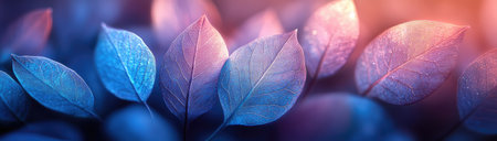 A close-up of translucent leaf veins in various shades of blue and purple, creating an abstract pattern on the wall. The background is blurred to emphasize the intricate details of each leaf, with soft lighting casting gentle shadows that enhance their delicate texture. This artistic composition adds depth and vibrancy to any space, in the style of the artist. --ar 53:15 --stylize 750 --v 6.1 Job ID: d3275e5d-0efd-4483-bebe-8bd8b5d8d644の素材