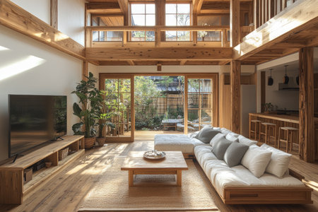 The living room of an old Japanese house features wooden beams on the ceiling, white walls, and a wood floor, decorated in a modern style. There is a sofa, coffee table, TV stand, and an open kitchen door behind it. Sunlight shines through skylights from above. In front, there is a balcony with a garden view. The photo was taken using a Nikon Z6 II camera and a Nikkor AF-S NIKKOR 50mm lens, resulting in a high-resolution image. --ar 3:2 --stylize 750 --v 6.1 Job ID: 294b2adc-221d-486e-8d71-0a9fd8d33ff4の素材
