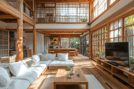 The living room of an old Japanese house features wooden beams on the ceiling, white walls, and a wood floor, decorated in a modern style. There is a sofa, coffee table, TV stand, and an open kitchen door behind it. Sunlight shines through skylights from above. In front, there is a balcony with a garden view. The photo was taken using a Nikon Z6 II camera and a Nikkor AF-S NIKKOR 50mm lens, resulting in a high-resolution image. --ar 3:2 --stylize 750 --v 6.1 Job ID: 294b2adc-221d-486e-8d71-0a9fd8d33ff4の素材