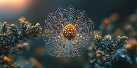 A delicate spider web, woven between two branches, is shrouded in mist against the backdrop of an ancient valley at dawn. The focus is on crisp details and intricate textures, captured through macro photography, shot with a Canon EOS R5 in the style of [Artist name]. --ar 2:1 --stylize 750 --v 6.1 Job ID: 0a02f374-6e11-45e0-bb87-b140a5fb2e42の素材