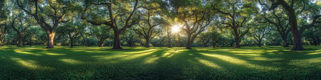 A panoramic view of an enchanting forest clearing, bathed in the golden rays of sunlight filtering through lush green trees, creating a serene and magical atmosphere. The grassy ground is covered with vibrant emerald foliage, adding to its picturesque charm. This scene captures nature's beauty at its finest, inviting viewers into a tranquil woodland setting. High-quality photograph. --ar 4:1 --stylize 750 --v 6.1 Job ID: d8e3c207-0088-47ed-b82e-8f96e9980a50の素材