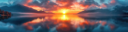 A panoramic view of the sunrise over mountains and sea, with vibrant colors reflecting on the calm waters. The sky is painted in hues of orange, pink, blue, and yellow, creating an enchanting scene that evokes feelings of awe and wonder. This photograph captures the beauty of nature's grandeur at dawn, offering viewers a stunning visual experience. --ar 119:30 --stylize 750 --v 6.1 Job ID: e7d621d3-484e-4971-b099-b1b8e10ce692の素材