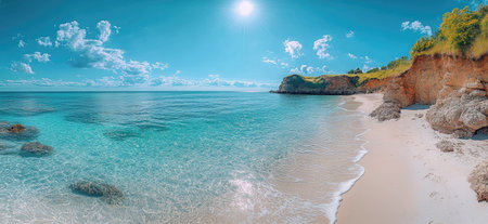 A beautiful white sandy beach with crystal-clear water, a blue sky, and the sun shining down on the scene. The turquoise sea is calm, without waves, creating an idyllic coastal landscape. There are no people in sight, just clear skies and a serene ocean. It creates a feeling of relaxation by the shore. A panoramic view captures the vastness of nature's beauty. --ar 13:6 --stylize 750 --v 6.1 Job ID: 27b2982a-eba1-4303-a131-8294481dcbcbの素材