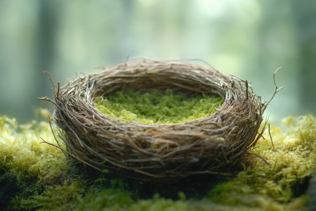 A bird's nest made of twigs and moss, set against an earthy background with soft lighting for an organic feel. --ar 3:2 --stylize 750 --v 6.1 Job ID: 184f91c5-d681-473d-a627-c14da65aff8eの素材