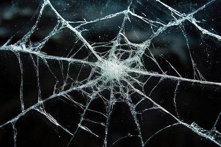 White spider web, black background, very thin lines, ultra-high definition, hyper-realistic details, top view, macro photography, low light reflection, with some broken glass in the middle of it. The screen is cracked and transparent, with white cracks on its surface. There were no other elements or objects around. This composition creates an atmosphere filled with mystery and horror. It feels dark and gloomy, as if there were ghosts hiding behind that crack. --ar 3:2 --stylize 750 --v 6.1 Job ID: a8501009-7533-438a-9ffe-a2da97758e02の素材