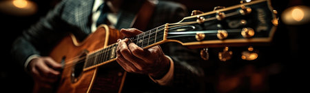A musical performance with an electric guitar, violin, and microphone in sepia tones. The left side of the banner features hands playing music on guitars and microphones, while on the right, there is a hand holding a vintage microphone, all against a black background. The overall mood conveys nostalgia for a retro-style live jazz or rock concert. It could be used as an avatar or profile picture to convey your love for classic music forms such as blues, soul, and R&B. --ar 10:3 --stylize 750 --v 6.1 Job ID: bbf7458f-b46b-4d25-9a58-03ac54041ea4の素材