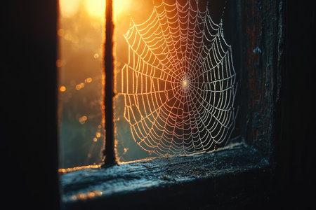A photo of a spider web in the corner, inside an open window on a wooden wall, with natural light from outside. --ar 3:2 --stylize 750 --v 6.1 Job ID: 36ec6dcb-e3c0-4b02-a465-fc0d6b19dd55の素材