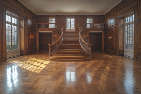 A photograph of the interior of an upscale home, showing a large, empty wall with wooden floors and a staircase leading to the second floor. --ar 3:2 --stylize 750 --v 6.1 Job ID: 2a211010-b9e2-4736-a0ce-b2c46a688ad3の素材