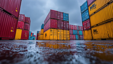 A photograph of large shipping containers stacked in an industrial setting, representing global trade and logistics with copy space on the right side. The scene is captured during daylight, highlighting the vibrant colors of the different container shapes against the backdrop of a cloudy sky. This shot creates a dynamic atmosphere for advertising or business context, showcasing various trading activity at port facilities. --ar 53:30 --stylize 750 --v 6.1 Job ID: 4b64efbd-60c6-48f4-9253-0731ac5af091の素材