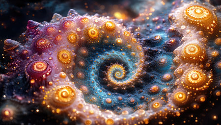 A vibrant fractal pattern with swirling colors and intricate designs, creating an artistic visual experience that evokes wonder at the beauty of mathematical artistry. The fractals create mesmerizing patterns in shades of blue, purple, teal, gold, red, brown, and white on a dark background. High resolution, high detail, hyper-realistic, photorealistic, volumetric lighting, Octane render, cinematic. --ar 53:30 --stylize 750 --v 6.1 Job ID: c836b2bc-5ef4-453a-b24a-6df3ecf2cb04の素材