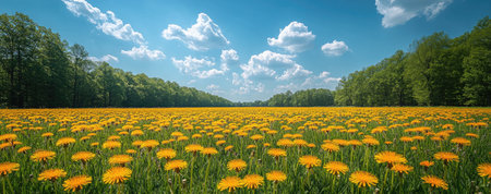 Beautiful spring landscape with green grass, trees, and a blue sky with clouds on the horizon. Panoramic view of a meadow full of yellow dandelions on a sunny day. Wide panorama. A photo taken using a Fujifilm X-T4 camera. Use a wide-angle lens to capture an expansive scene. The angle should be low to highlight towering landscapes or close-up shots that emphasize details. Bright lighting can accentuate textures like leaves, flowers, snow, sand, water, rocks, tree branches, or city lights. --ar 38:15 --stylize 750 --v 6.1 Job ID: 69f06fde-71dc-45b5-9a8c-1ef04b308990の素材