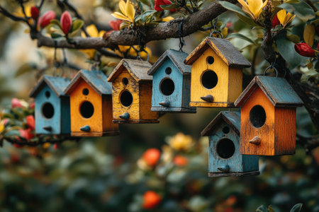 Colorful birdhouses hanging from tree branches in an urban park, showcasing the beauty of home and family life during springtime. The vibrant houses create a lively scene that celebrates creativity and joy. This photo is perfect for living space designs or outdoor decor marketing materials. --ar 3:2 --stylize 750 --v 6.1 Job ID: 6c43be02-6cc6-484b-9a8e-d04505f28affの素材
