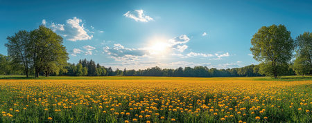 Beautiful spring landscape with green grass, trees, and a blue sky with clouds on the horizon. Panoramic view of a meadow full of yellow dandelions on a sunny day. Wide panorama. Photo captured in the style of Canon EOS R5 camera. --ar 38:15 --stylize 750 --v 6.1 Job ID: 8dfc6d89-8ed8-4339-9af7-495308590336の素材