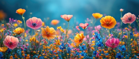 Colorful wildflowers in full bloom, set against the backdrop of a clear blue sky on a sunny day. --ar 71:30 --stylize 750 --v 6.1 Job ID: fe55c682-b7ed-4f47-96a9-5baae1ebc995の素材