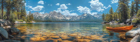Panoramic photograph of Lake Tahoe, with clear water, a blue sky, and white clouds. The mountains are visible in the background, and pine trees line the shoreline. Rocks and pebbles are visible on the bottom left side of the frame. There are no people or boats in the image. The photograph was taken with a Canon EOS R5 camera. --ar 10:3 --stylize 750 --v 6.1 Job ID: 1ceaf05f-5f31-42ea-b51e-e7c62a8653d4の素材