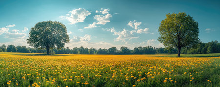 Panoramic view of a beautiful green meadow with trees and a blue sky with clouds. Yellow dandelions dot the field, creating a wide, panoramic landscape. This serene spring scene features lush green grass and rolling meadows. --ar 38:15 --stylize 750 --v 6.1 Job ID: 33243a36-03ab-4e4a-bd44-f5c8ee8d33caの素材