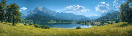 Panoramic view of the Bavarian Alps with green fields and a lake in summer, a blue sky, mountains in the background, trees on the hillsides, small village houses at the bottom right side, a sunny day, wide-angle photography, photorealistic. --ar 18:5 --stylize 750 --v 6.1 Job ID: f8b6d690-6241-4e91-9f13-df7f1cbdf9edの素材