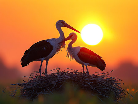 Silhouette of a stork family in a nest against the sunset sky. --ar 4:3 --stylize 750 --v 6.1 Job ID: 4741cf51-763a-41dc-83bd-b5aa486388a8の素材